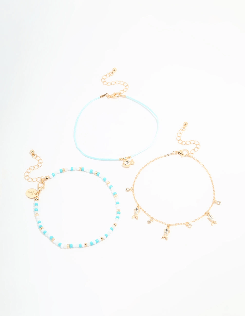 Polished Flow Gold Diamante Fish & Blue Beaded Anklets 3-Pack