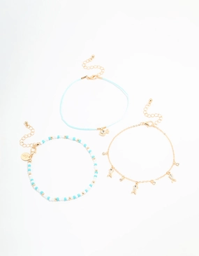 Polished Flow Gold Diamante Fish & Blue Beaded Anklets 3-Pack