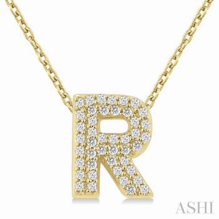 Playful Accent For School 1/8 Ctw Bubble Accent Initial 'R' Round Cut Diamond Fashion Pendant With Chain in 10K Yellow Gold