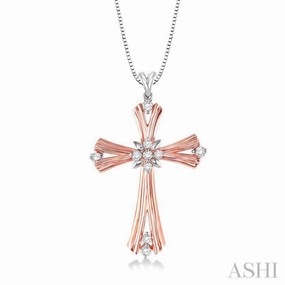 1/5 Ctw Round Cut Diamond Cross Pendant in 14K Rose and White Gold with Chain Youth Present