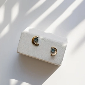 Crescent Studs - 14ky Gold-Fill, Sterling Silver   Moonstone Brilliant Detail Formal Event