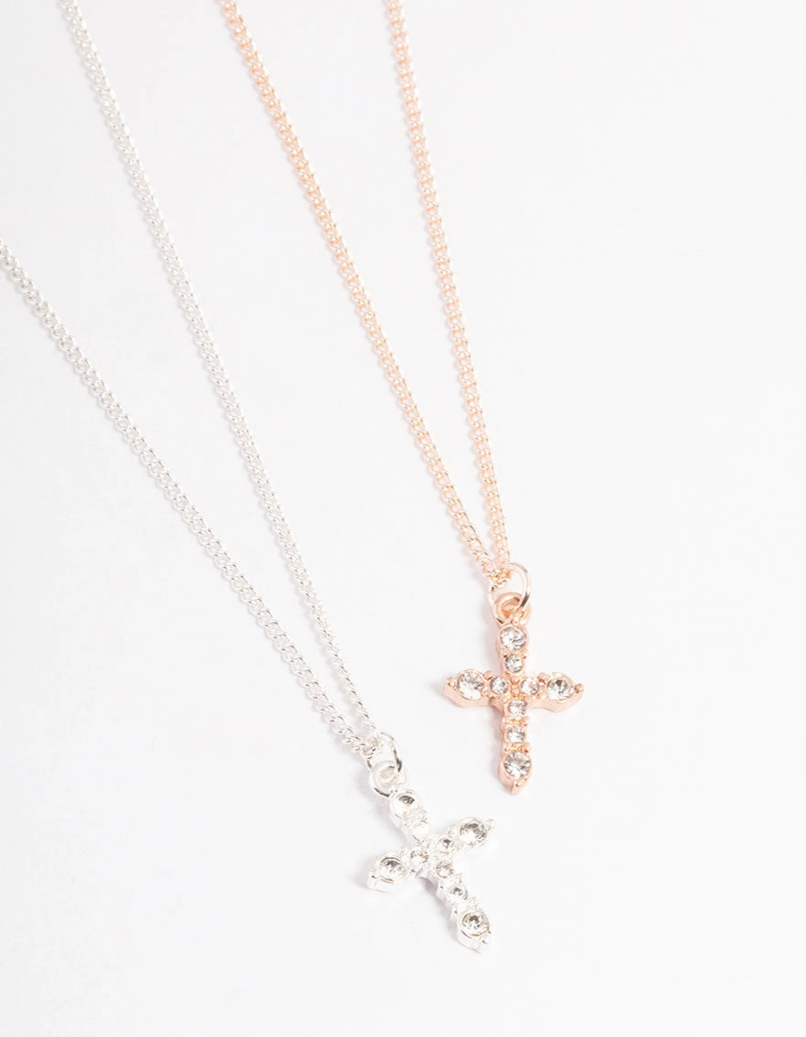 Captivating Piece Classic Look Mixed Metal Classic Diamante Cross Necklace Pack