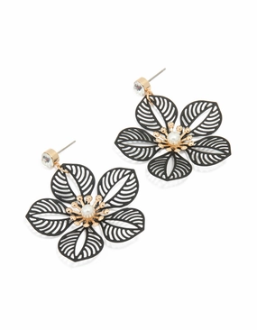 daily accessory Gold Diamante Pearl Black Filigree Flower Drop Earrings