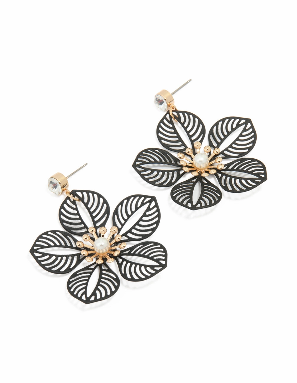 daily accessory Gold Diamante Pearl Black Filigree Flower Drop Earrings