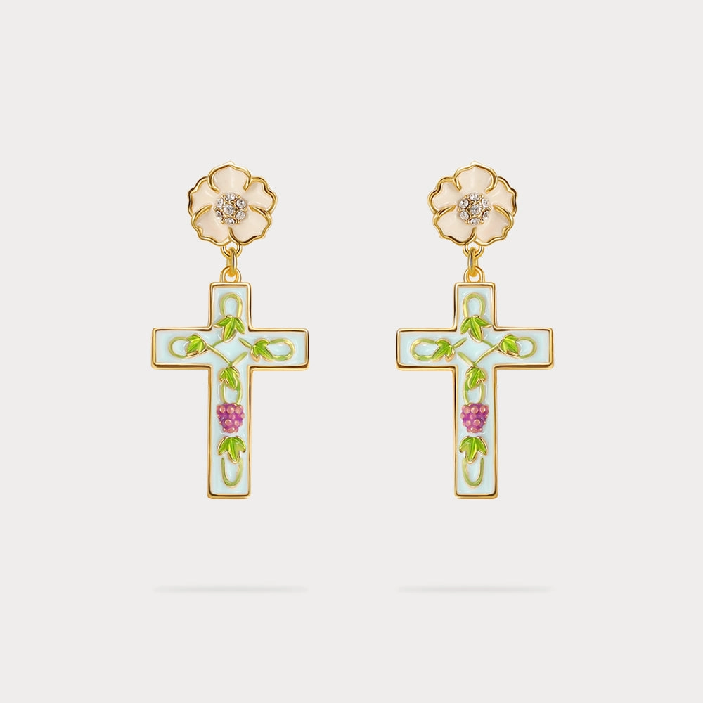 Cross Grape Vine Yard Earrings Modern Classic Sparkling finish