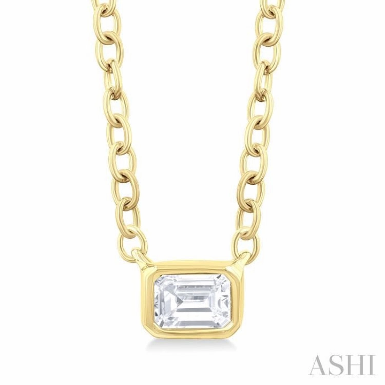 Minimalist Design Polished Finish 1/6 Ctw Petite East-West Bezel Set Emerald Cut Diamond Fashion Pendant With Chain in 10K Yellow Gold