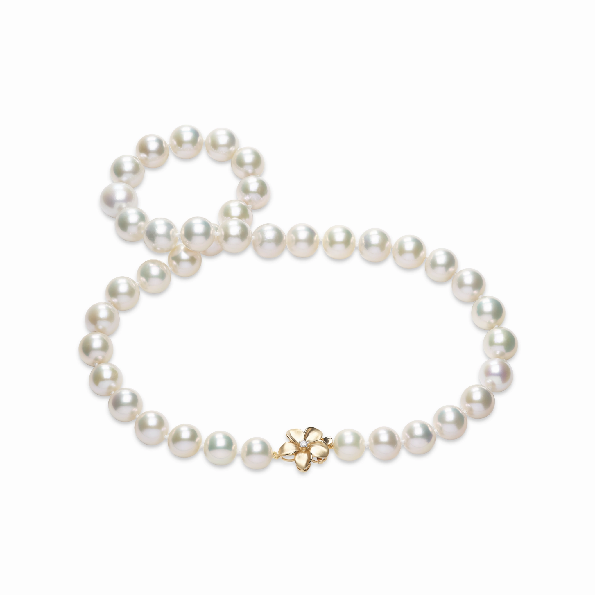 20" Freshwater White Pearl Strand with Diamond Plumeria Clasp in Gold - 10-12mm Beaded Piece Tied Item