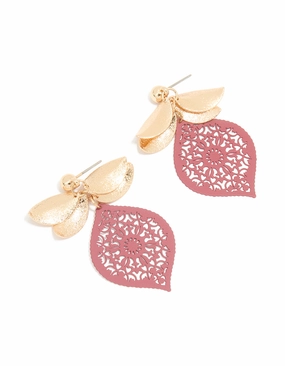 Gold Pink Filigree & Textured Leaf Drop Earrings Unique Edge Everyday Duo
