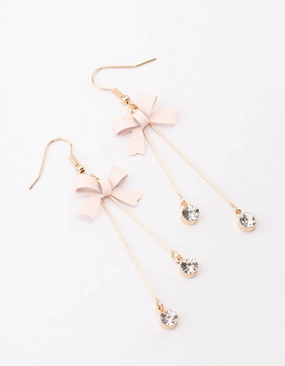 Blush Diamante Bow Double Bar Drop Earrings Petite Shine