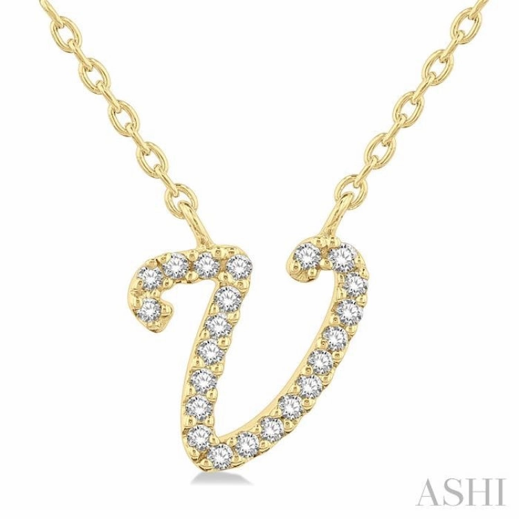 Bright Mood 1/20 Ctw Initial 'V' Round cut Diamond Pendant With Chain in 10K Yellow Gold