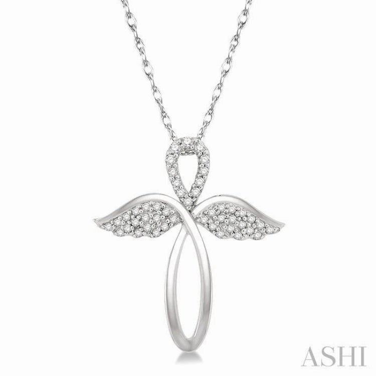 1/6 Ctw Angel Wing Round Cut Diamond Cross Pendant With Chain in 10K White Gold High-Quality Jewelry Polished Feature