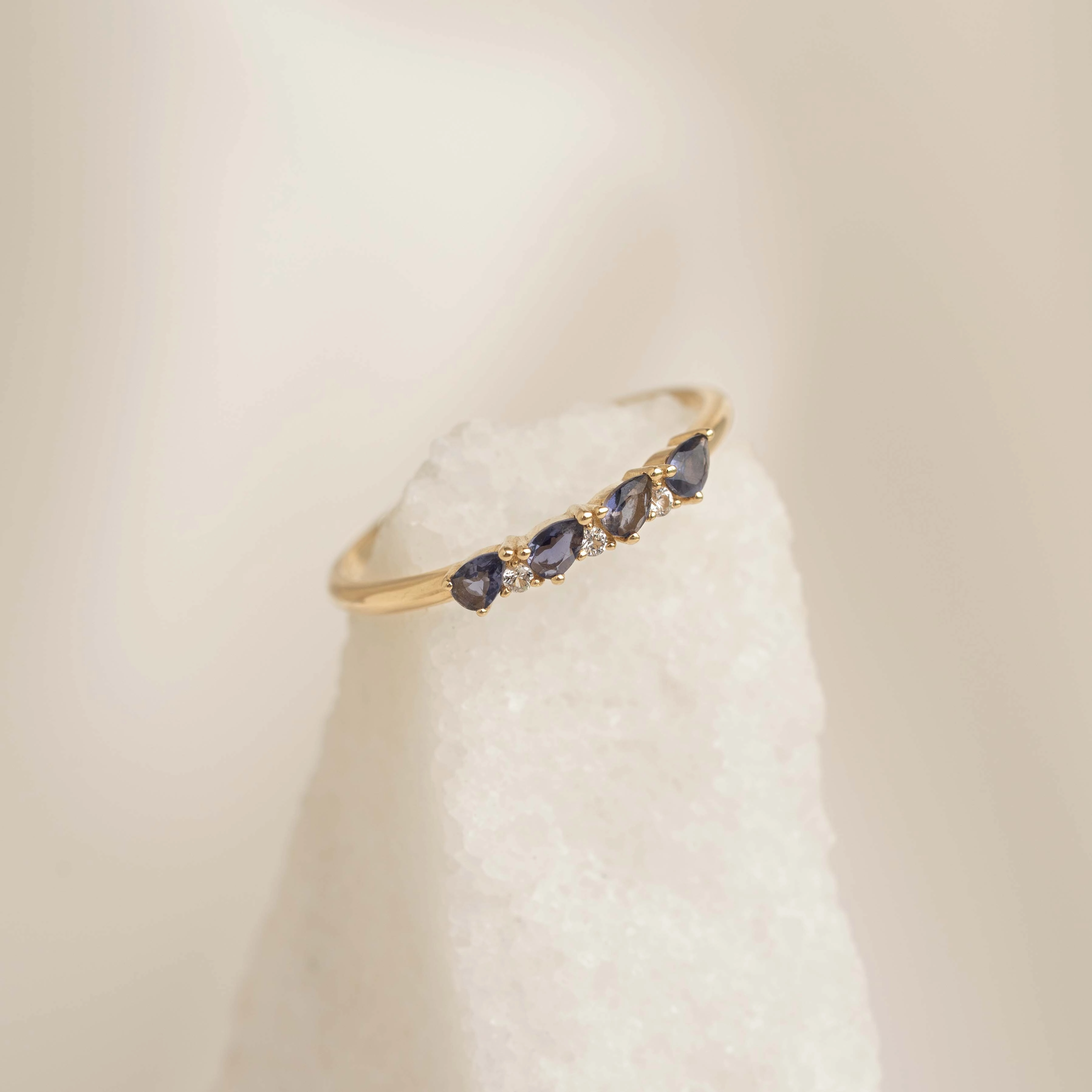 December Birthstone Pear Ring 14k Gold - Cordierite and Diamond Gift For Him