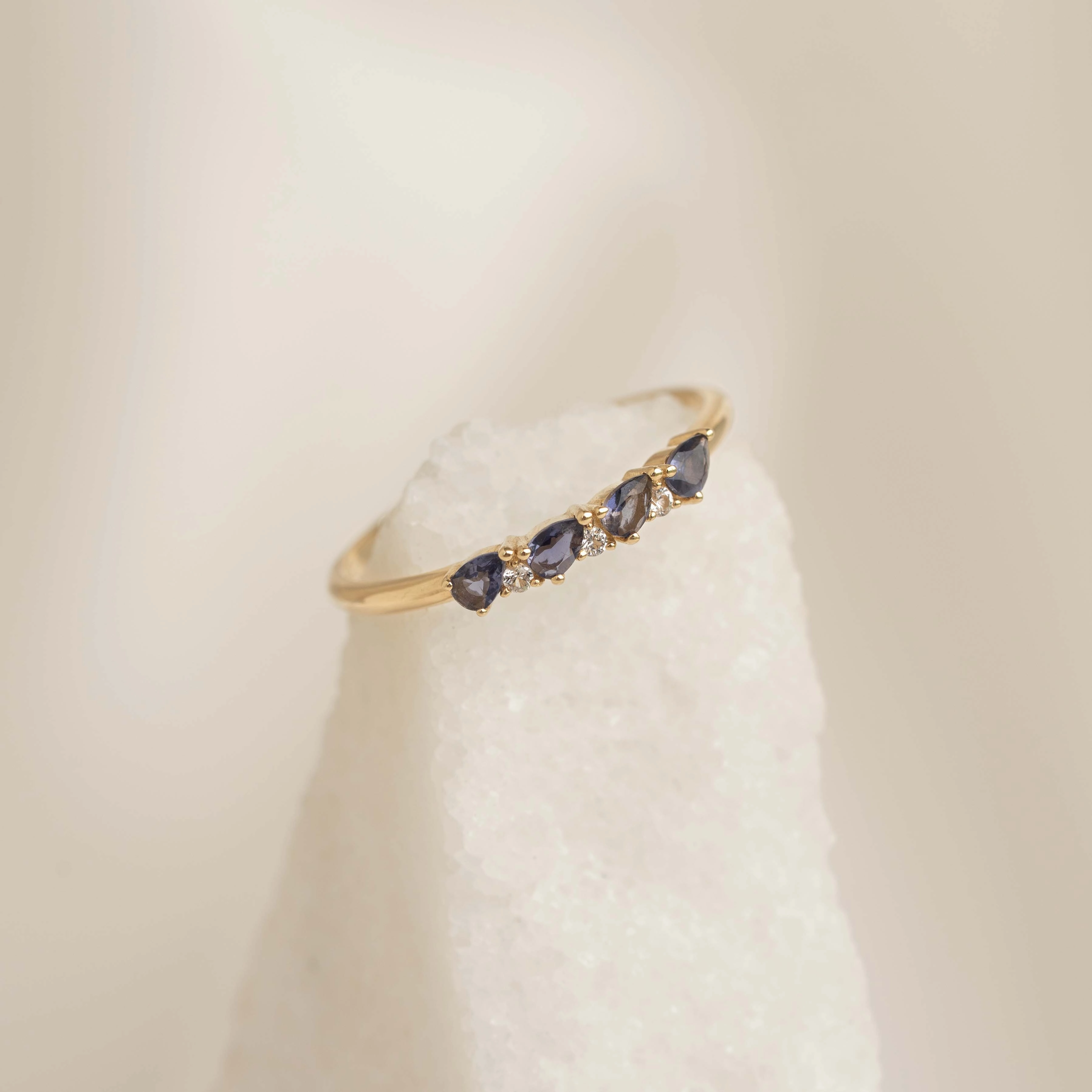 Minimalist Design December Birthstone Pear Ring 14k Gold - Cordierite and Diamond