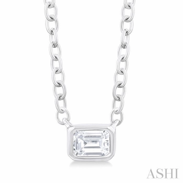 1/6 Ctw Petite East-West Bezel Set Emerald Cut Diamond Fashion Pendant With Chain in 10K White Gold Showing Accessory Sleek Look
