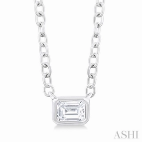 1/6 Ctw Petite East-West Bezel Set Emerald Cut Diamond Fashion Pendant With Chain in 10K White Gold Showing Accessory Sleek Look