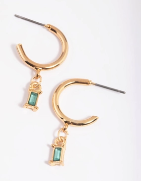 Green Baguette Stone Huggie Hoop Earrings Formal Event Winter Vibes