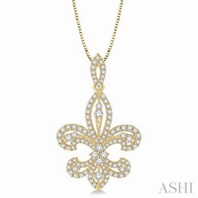 1 Ctw Round Cut Diamond Fleur De Lis Diamond Pendant in 14K Yellow Gold with Chain Personal Style