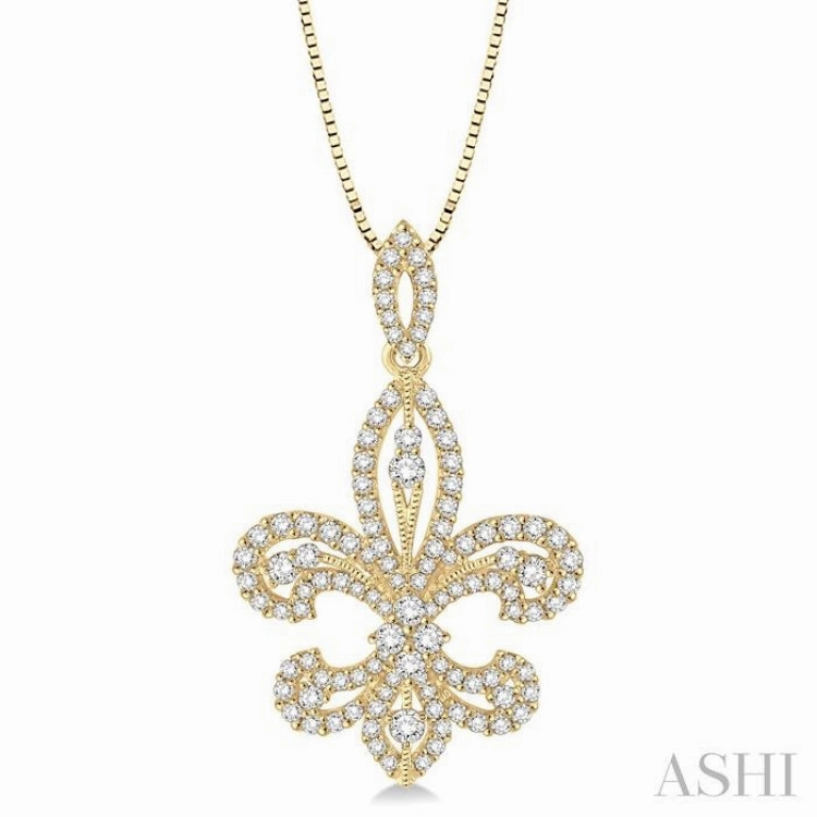 1 Ctw Round Cut Diamond Fleur De Lis Diamond Pendant in 14K Yellow Gold with Chain Personal Style