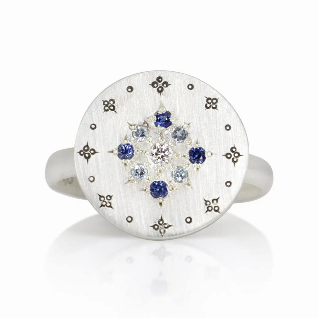 Quick Style Shine Bright Diamond   Sapphire Engraved Ring - Sterling Silver, Sapphire   Diamond