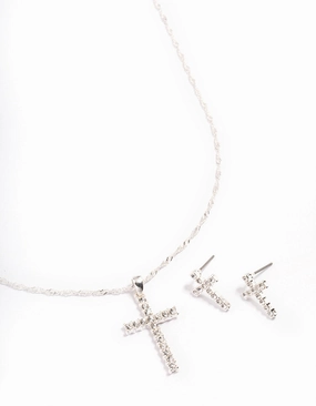 Bold Spark Luxury Contour Silver Diamante Cross Jewellery Set