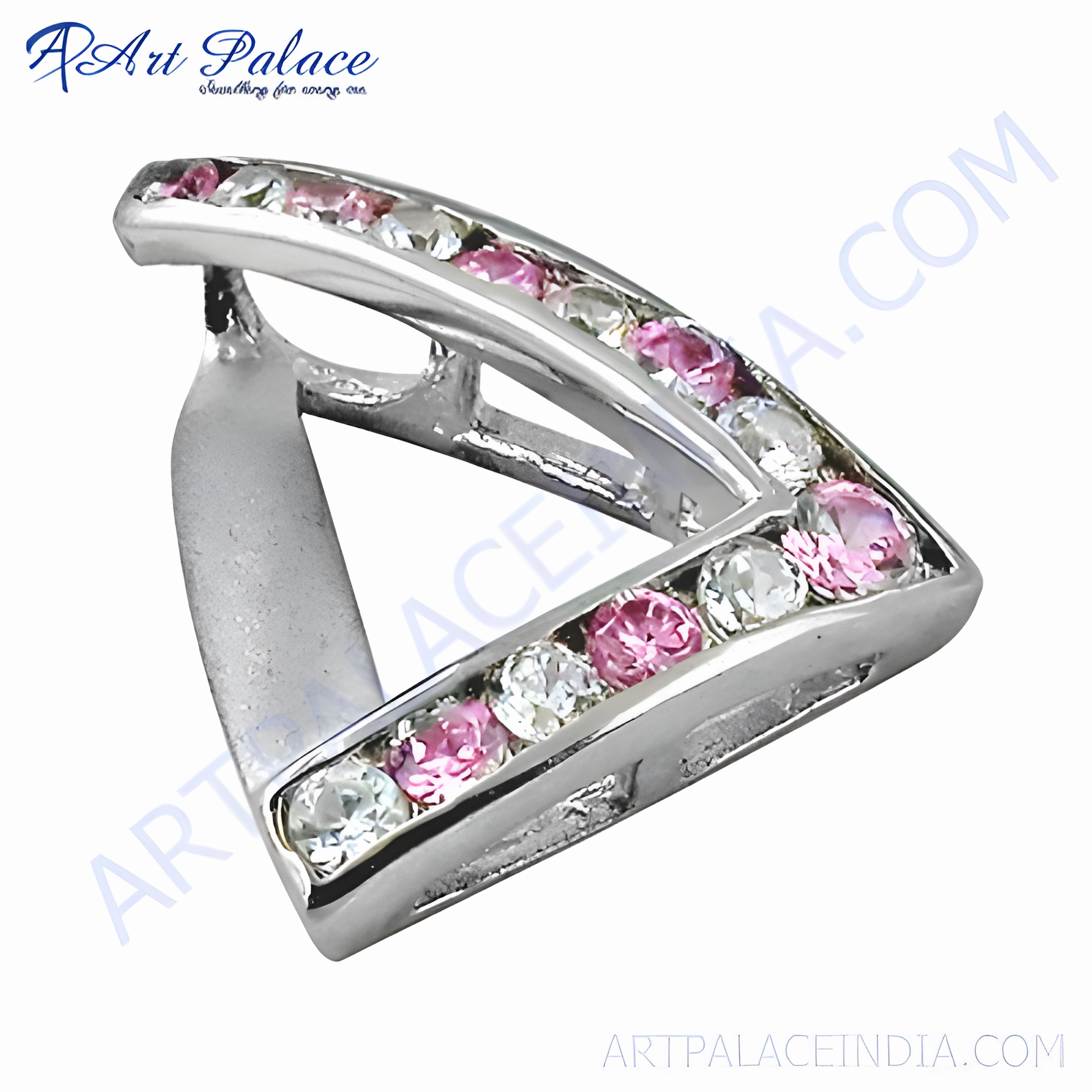 Stylish White & Pink CZ Gemstone Silver Pendant - Rocking Design Lovely Ornament