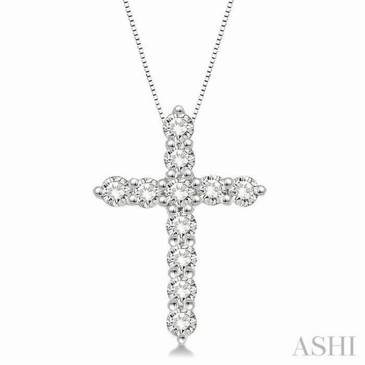 3/4 Ctw Round Cut Diamond Cross Pendant in 14K White Gold with Chain Classic Lady Polished Edge