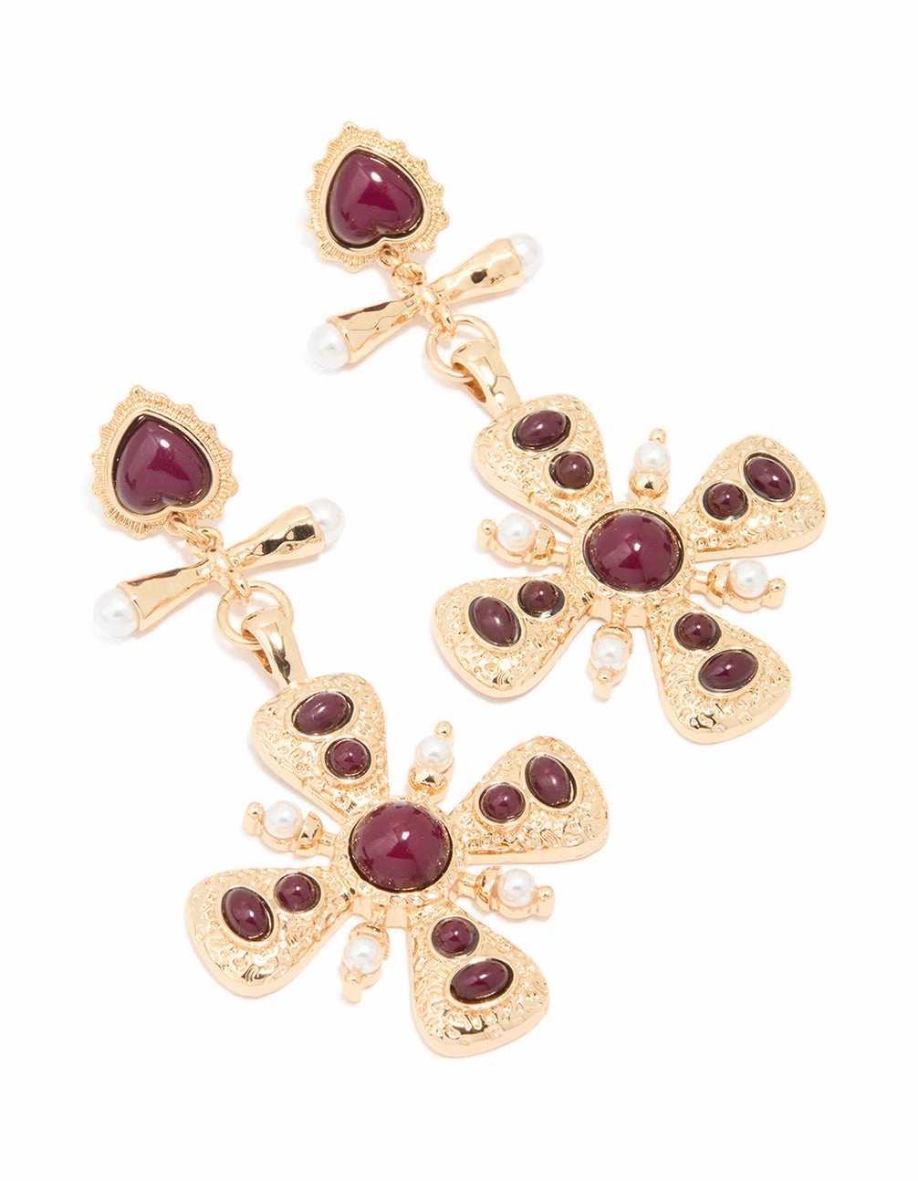 Exclusive Treasures Gold Red Stone Heart & Cross Drop Earrings