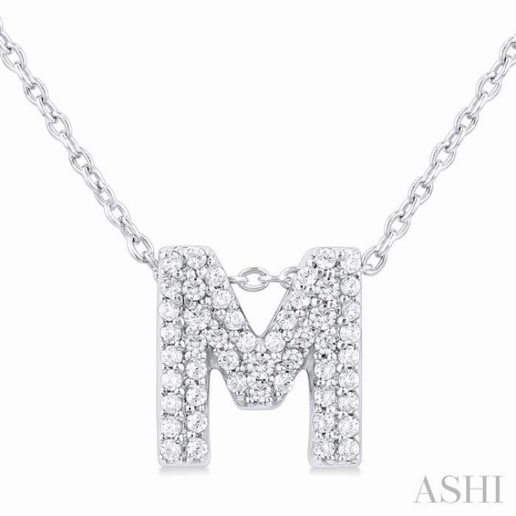 Retro Accent Elegant Vibe 1/6 Ctw Bubble Accent Initial 'M' Round Cut Diamond Fashion Pendant With Chain in 10K White Gold