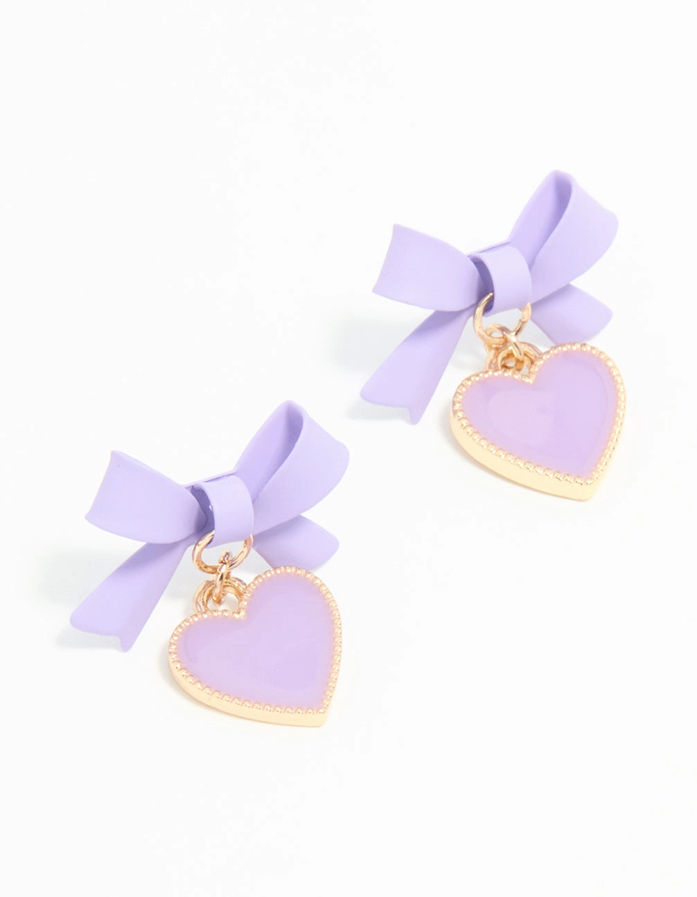 Brilliant Sparkle Classic Pop Gold Light Purple Coated Metal Bow Heart Drop Stud Earrings