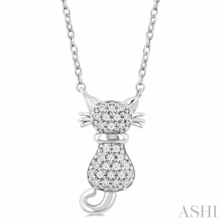 For Faith 1/10 Ctw Cat Shape Petite Single Cut Diamond Fashion Pendant With Chain in 10K White Gold