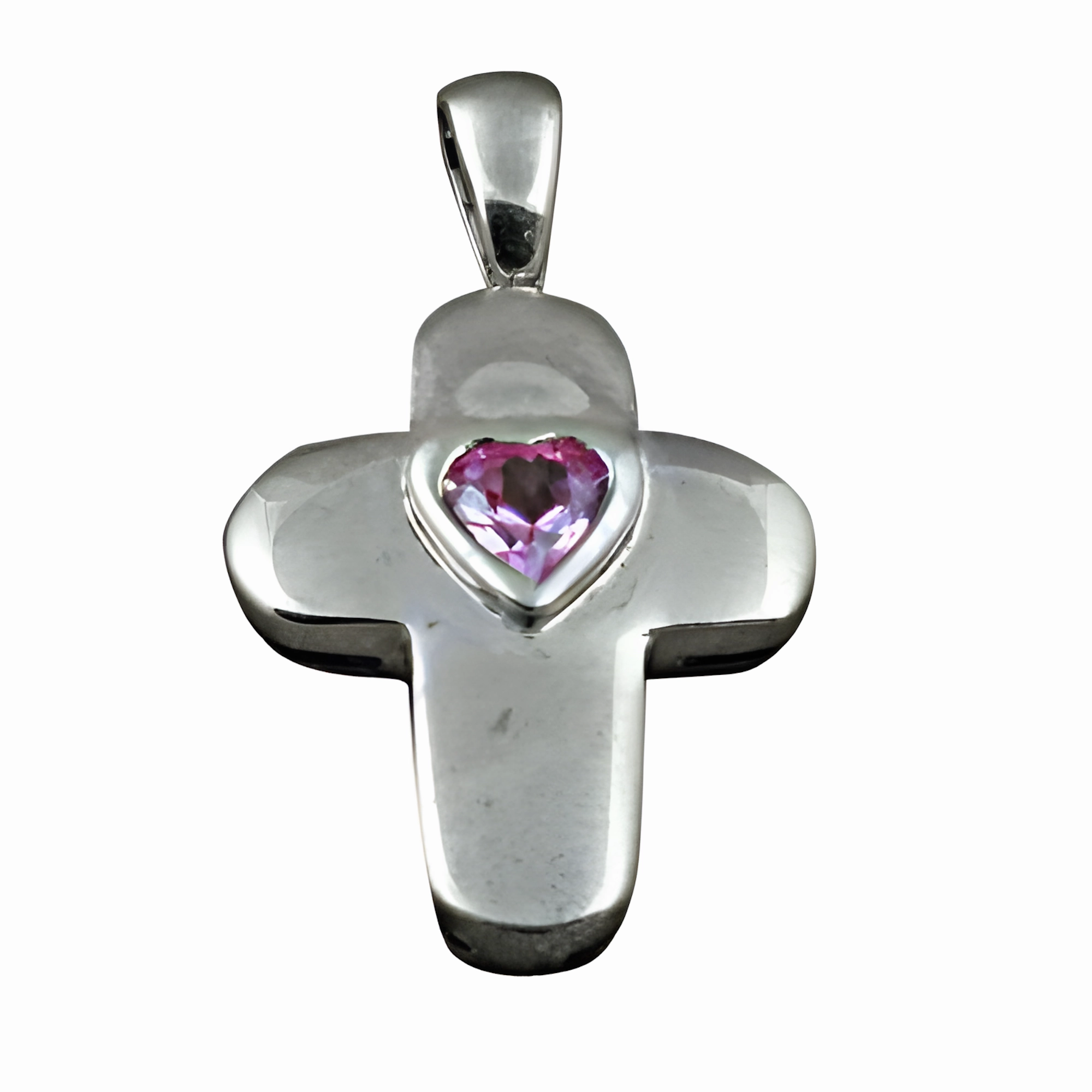 For Belief Marvelous Jewelry Stunning Pink Heart-Shaped Cubic Zirconia Silver Cross Pendant