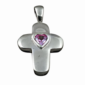 For Belief Marvelous Jewelry Stunning Pink Heart-Shaped Cubic Zirconia Silver Cross Pendant