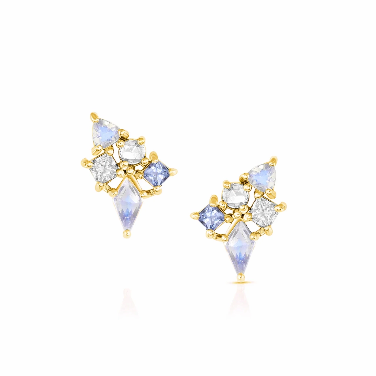 Dusk Cluster Earrings - 18ky Gold, Iced Blue Spinels, Moonstones   Blue Sapphire Gift Option Glamorous touch