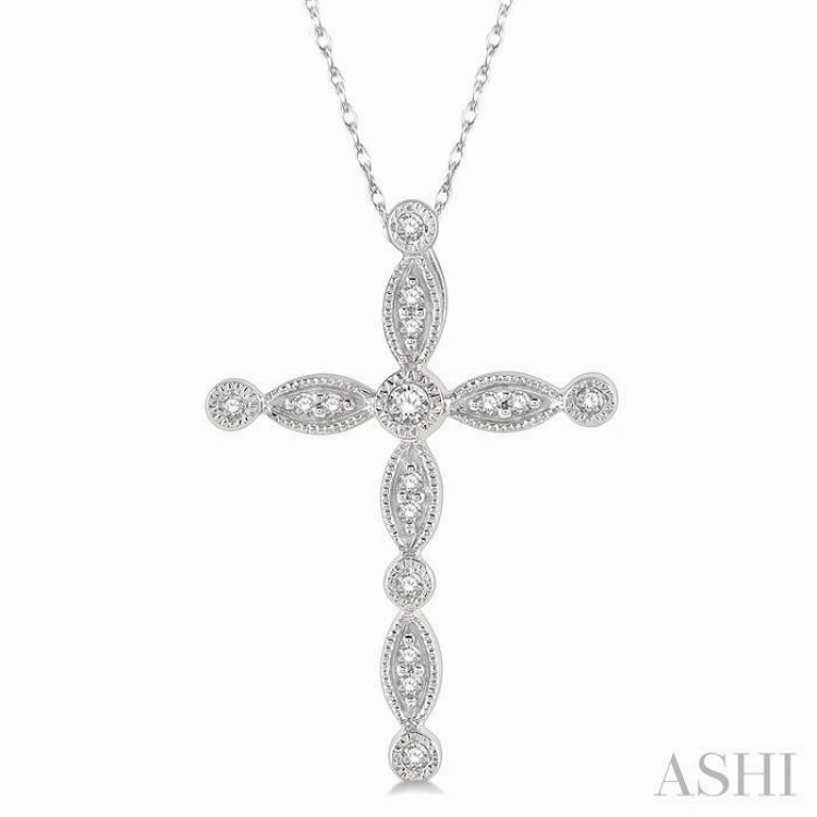 Daily Highlight 1/10 Ctw Marquise & Circular Mount Cross Charm Round Cut Diamond Pendant With Chain in 10K White Gold