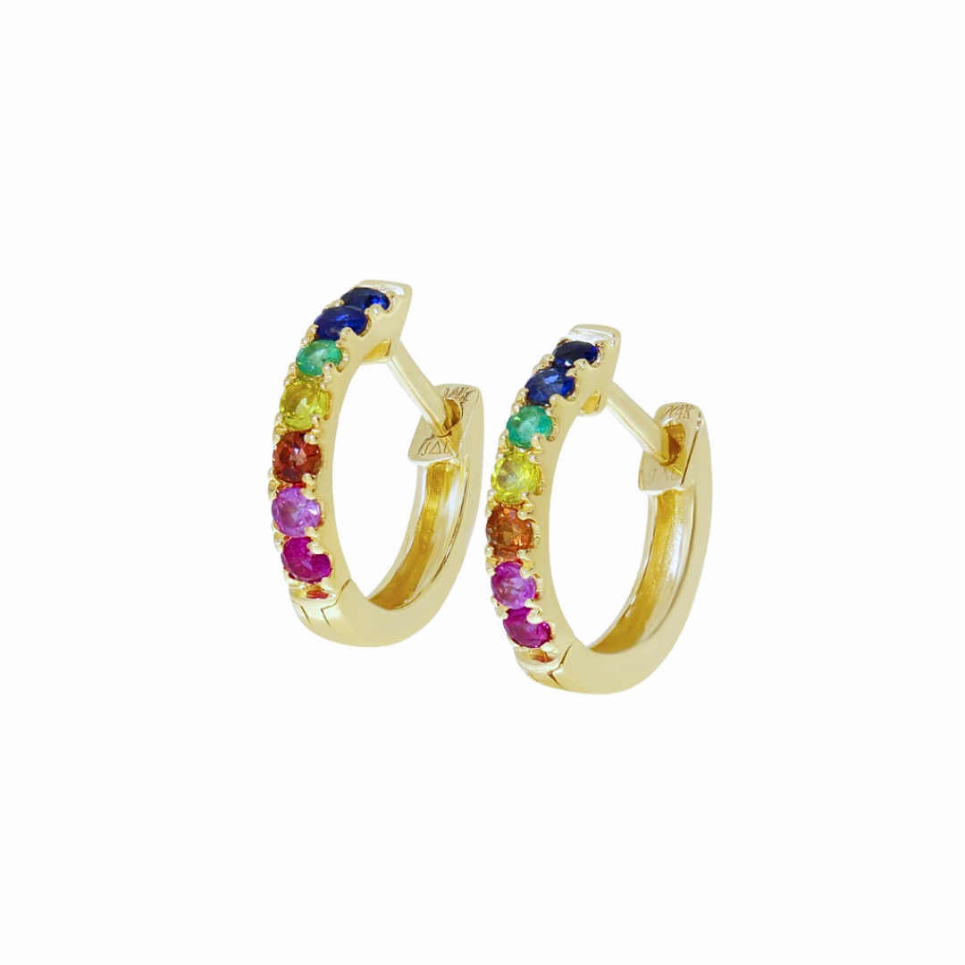 14K Yellow Gold Rainbow Sapphire Huggie Earrings Comfortable Aesthetic