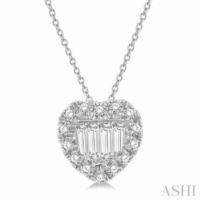 Daring Style Urban Outfit 1/5 Ctw Heart Shape Baguette Center & Round Cut Diamond Pendant With Chain in 14K White Gold