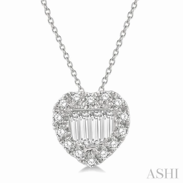 Daring Style Urban Outfit 1/5 Ctw Heart Shape Baguette Center & Round Cut Diamond Pendant With Chain in 14K White Gold