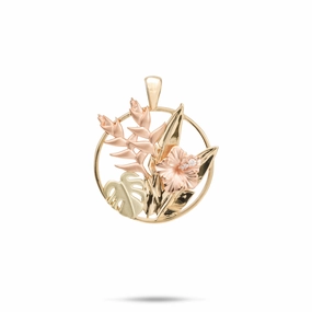 Hawaiian Gardens Hibiscus Pendant in Tri Color Gold with Diamonds - 20mm Common Piece