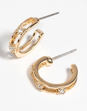 Gold Diamante Huggie Hoop Earrings Gloss Layer Sculpted Accent