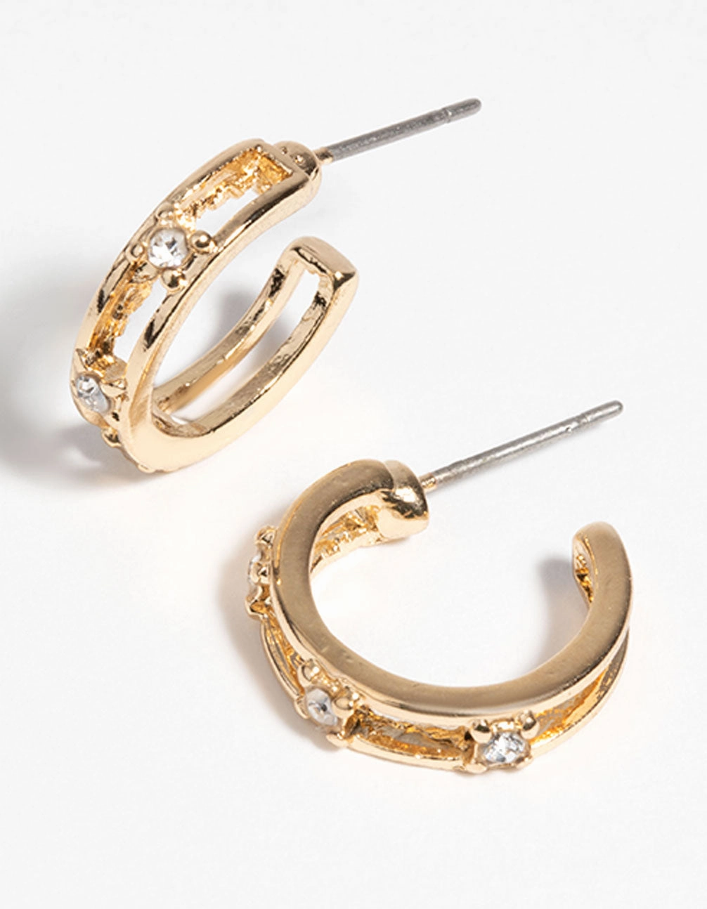 Gold Diamante Huggie Hoop Earrings Gloss Layer Sculpted Accent