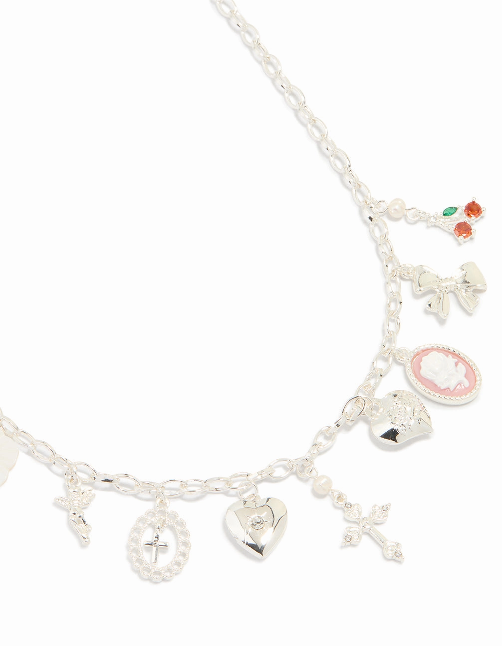 Silver Plated Multi Heart & Cross Charm Necklace Versatile Gem