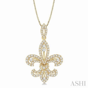 Fashion Girl 7/8 Ctw Round Cut Diamond Fleur De Lis Diamond Pendant in 14K Yellow Gold with Chain
