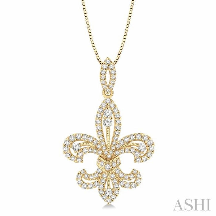Fashion Girl 7/8 Ctw Round Cut Diamond Fleur De Lis Diamond Pendant in 14K Yellow Gold with Chain