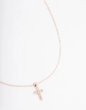 Rose Gold Diamante Cross Short Necklace City Style Trendy Accent