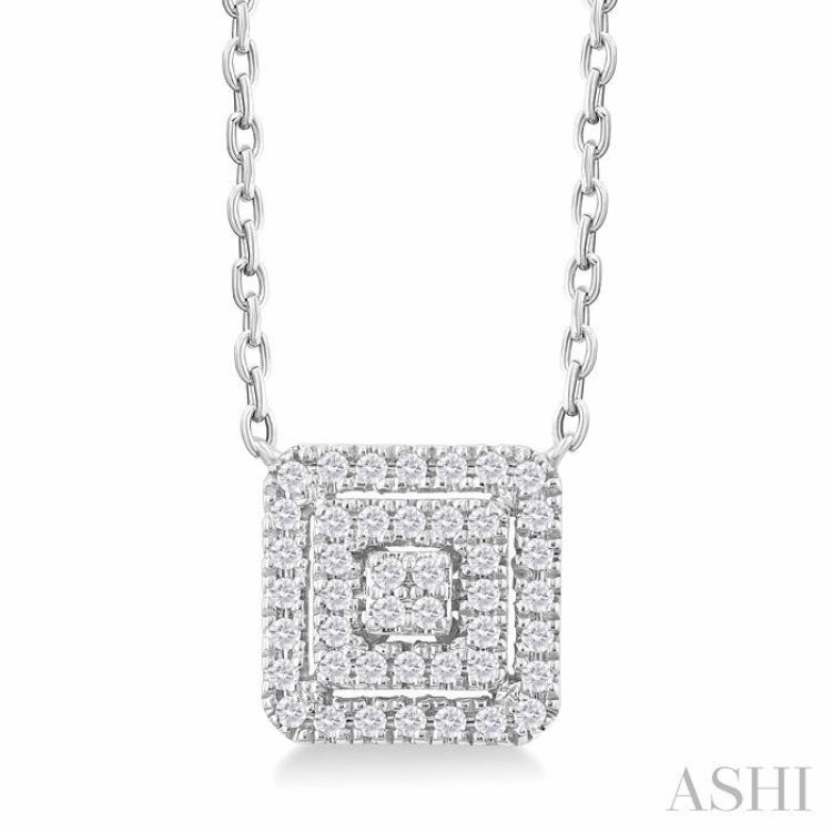 1/6 Ctw Double Halo Square Shape Petite Round Cut Diamond Fashion Pendant With Chain in 10K White Gold Stunning Adornment