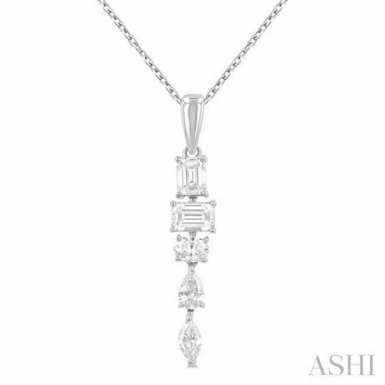Modern Boy Simple Beauty 7/8 Ctw Mixed Diamond Cut Dangle Fashion Pendant With Chain in 14K White Gold