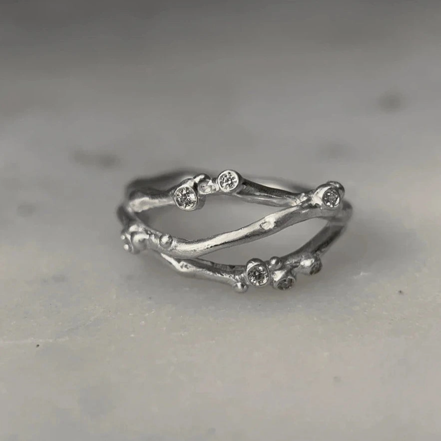 Graceful Fashion Encrusted 3 Branch Ring - Silver