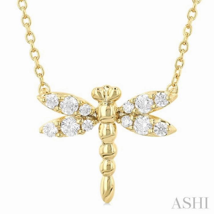 Stylish Present Creative Gift 1/6 Ctw Petite Dragonfly Round Cut Diamond Fashion Pendant With Chain in 10K Yellow Gold