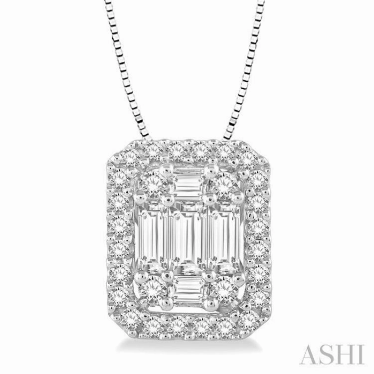 1/2 Ctw Octagonal Baguette & Round Cut Diamond Pendant With Box Chain in 14K White Gold Gorgeous Present
