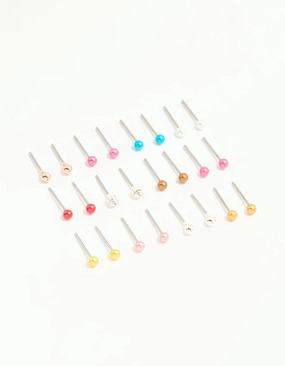 Silver Multicoloured Micro Stud Earrings 12-Pack Chic Evening Fashionable Shine Finish